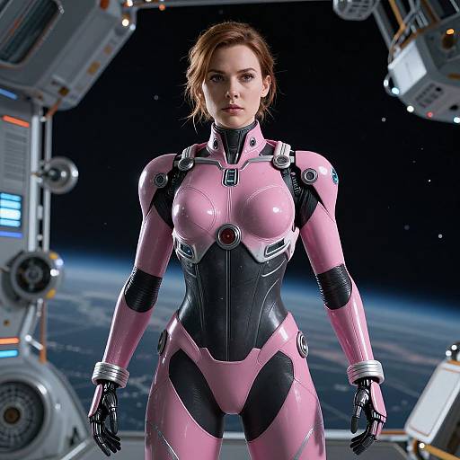 CGI image of a serious, brown-haired woman in a pink and black futuristic bodysuit, standing in a spaceship against a starry, planetary