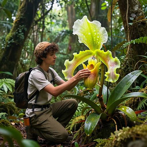 Photograph of a young man with curly brown hair, wearing a beige cap, white shirt, and khaki pants, touching a large, vibrant yellow