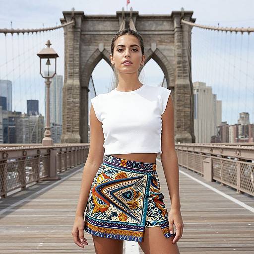 Photograph of a young woman with dark hair in a ponytail, wearing a white sleeveless crop top and colorful, patterned skirt, standing on