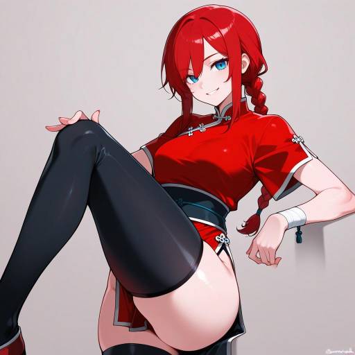 Anime Girl in Red Cheongsam and Black Stockings