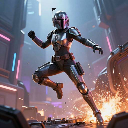 Female Mandalorian in Cyberpunk Battle