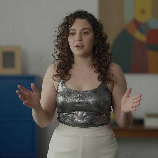 Woman in Metallic Silver Top Gesturing Indoors