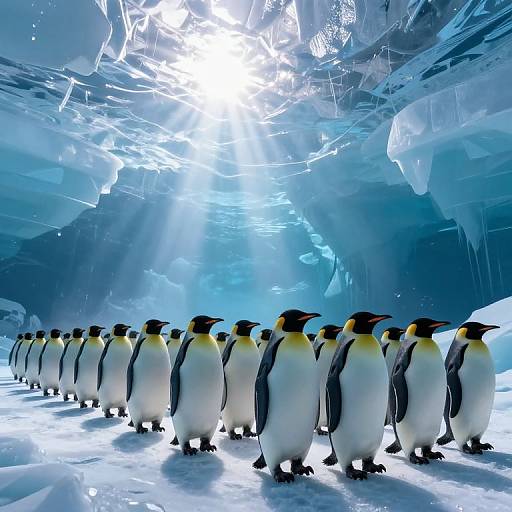 Photograph of a row of Emperor penguins standing in a glowing, icy cave with sunlight filtering through ice formations above.