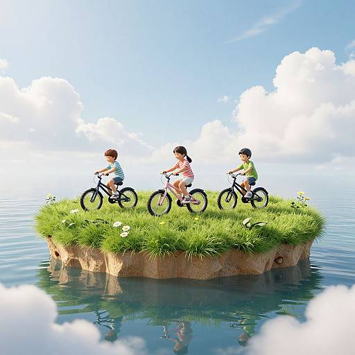 Three children riding bicycles on a floating grassy island above calm water, with a bright blue sky and fluffy clouds.
