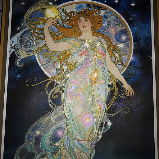 Artistic digital painting of a celestial, ethereal woman with long, flowing brown hair, wearing a glowing, iridescent dress, holding a radiant