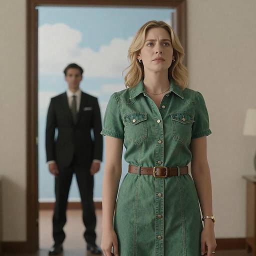 Determined Woman in Green Denim Dress