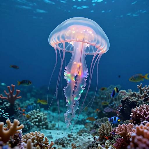 Photograph of a glowing, translucent jellyfish with long, flowing tentacles floating above a vibrant coral reef in a deep blue ocean.