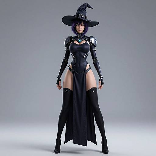 Digital art of a sexy, purple-haired witch in a black bodysuit, thigh-high boots, and hat, with armored shoulder plates, standing confidently