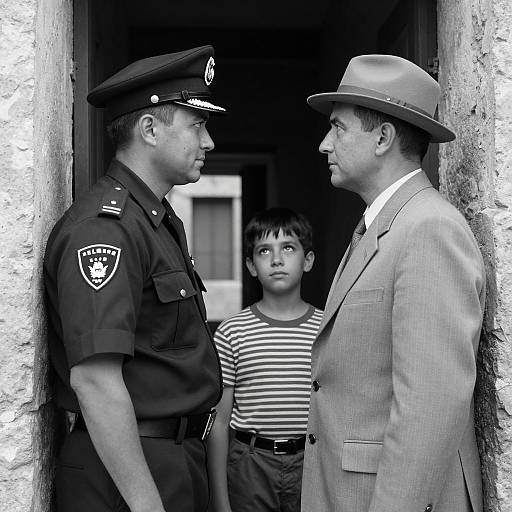 Black and White Photo of Policeman, Man, and Boy in Narrow Corridor