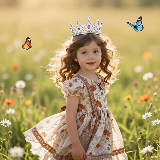 Photograph of a curly-haired, brown-eyed girl wearing a silver crown and floral dress, standing in a sunny meadow with colorful butterflies.
