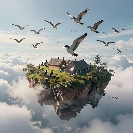 Fantasy digital artwork: floating, cloud-covered cliff with a quaint, roofed cottage, surrounded by lush greenery, and soaring birds against a bright