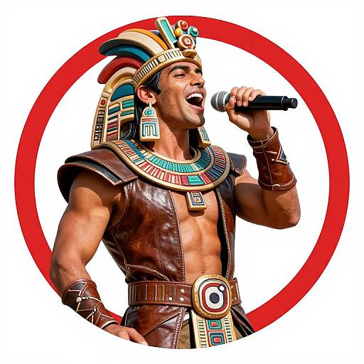 Photograph of a muscular man with tan skin, wearing Aztec-style headdress, brown leather vest, colorful necklace, singing into a microphone, framed