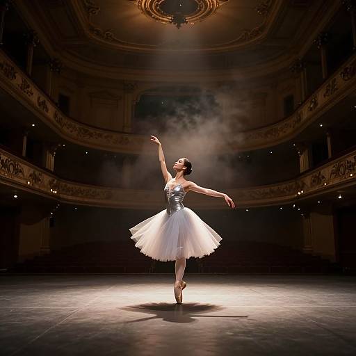 Photograph of a ballet dancer in a white tutu, illuminated by spotlight, performing en pointe in an ornate, dimly lit theater.