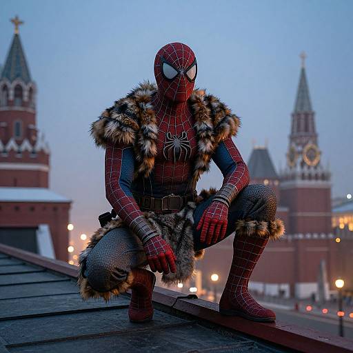 Photograph of Spider-Man in a fur vest and fishnet pants, crouching on a rooftop with Moscow's Kremlin towers in the background at dusk