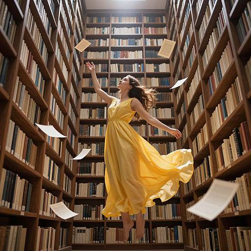 Photograph of a woman in a flowing yellow dress dancing joyfully among flying papers in a tall, narrow library aisle.