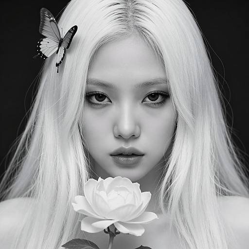 Black and white photograph of a young woman with long, white hair, holding a large rose, with a butterfly on her left hair. Her expression is