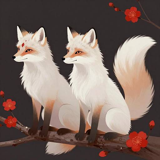Digital Illustration of Two White Foxes on Branch