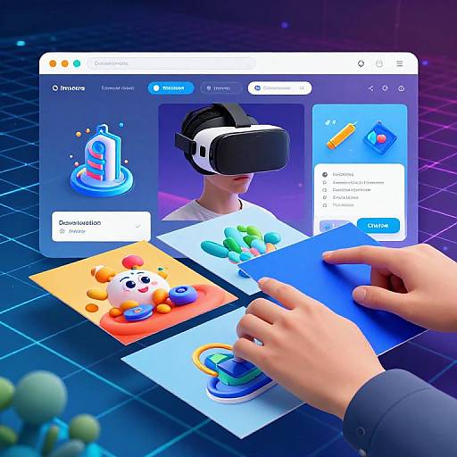 Digital illustration of hands using VR headset, creating colorful 3D doodles on tablet, with open app interface in background.