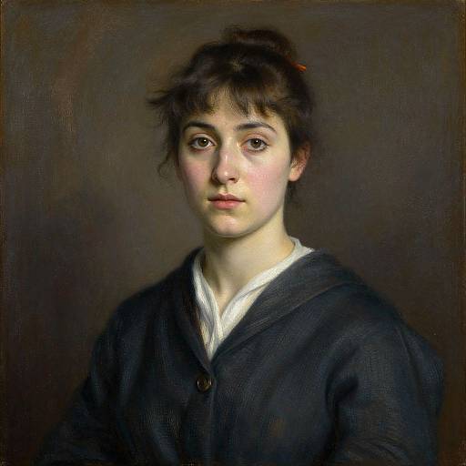Realistic oil painting of a young woman with fair skin, dark hair, and brown eyes, wearing a dark cardigan over a white shirt, set