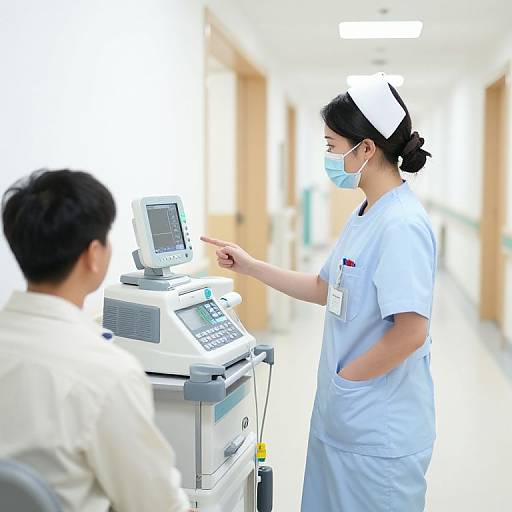 Photograph of an Asian female nurse in white uniform and mask, pointing at a medical kiosk in a bright hallway. Male patient in white shirt stands