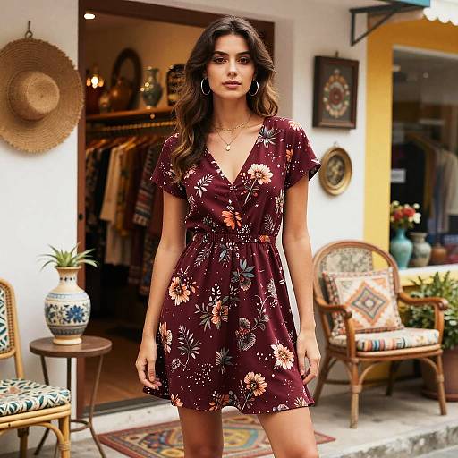 Bohemian Woman in Burgundy Floral Dress