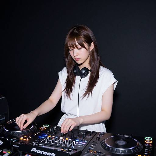 Photograph of an Asian woman with long brown hair, wearing a white sleeveless top and black headphones, mixing music on a DJ console against a black