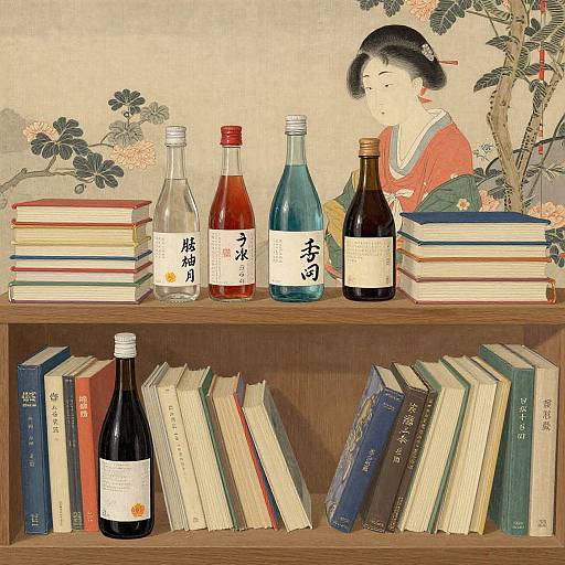 Traditional Japanese illustration of a woman with black hair in a red kimono, standing beside a wooden bookshelf with books and bottles, floral wallpaper in background