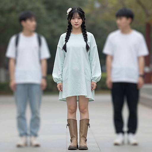 Photograph of an Asian woman in a white, long-sleeve dress, braided hair, tan boots, standing center with two blurred men in