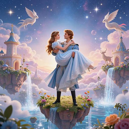 Fantastical digital painting of a romantic scene: a fairytale princess in a blue dress and white apron, lifted by a prince, surrounded