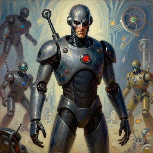 Digital painting of a muscular, armored robot with a red chest plate, standing in a futuristic, sci-fi laboratory with other robots.