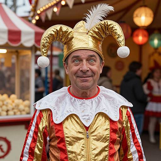 Photograph of a middle-aged man with fair skin, blue eyes, and a slight smile, wearing a gold and red jester costume with white feather