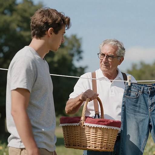 Two Men Hanging Laundry Outdoors