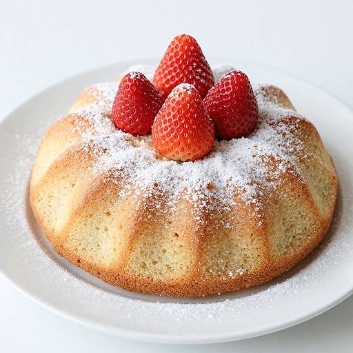 Photograph of a golden-brown, dusted-sugar cake topped with three vibrant red strawberries on a white plate.