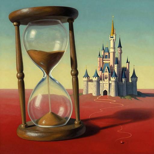Photograph of a wooden hourglass on red ground with a winding path leading to a colorful, fairy-tale castle in the background.