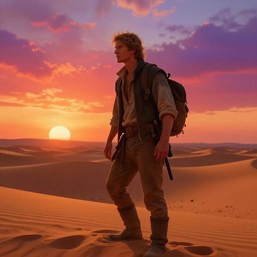 Photograph of a rugged, blonde-haired man with a backpack and pistol, silhouetted against a vibrant orange desert sunset.