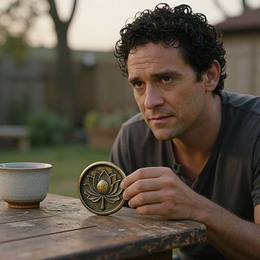 Photograph of a curly-haired, middle-aged man with a serious expression, holding a brass lotus medallion over a wooden table with a small