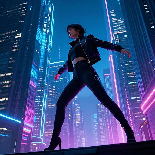 Cyberpunk cityscape photograph of a confident woman in a black leather jacket and pants, standing wide-legged against neon-lit skyscrapers. Bright