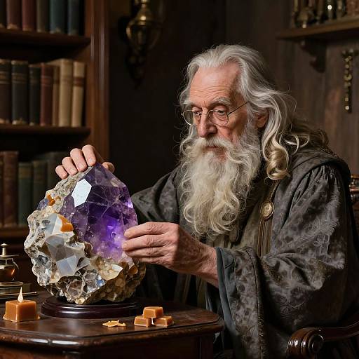 Elderly Wizard Examining Tourmaline Gemstone