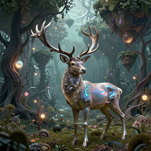 Digital artwork of a glowing, cybernetic deer with blue patterns, standing in a mystical, enchanted forest with glowing orbs and ethereal light.