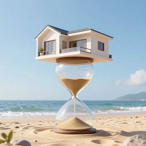 Photograph of a modern, white house balanced on a large, clear hourglass filled with sand, set on a sunny beach with blue ocean and clear