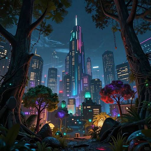 Digital artwork of a vibrant, neon-lit futuristic cityscape viewed through a dense, dark forest with colorful lights and towering skyscrapers.