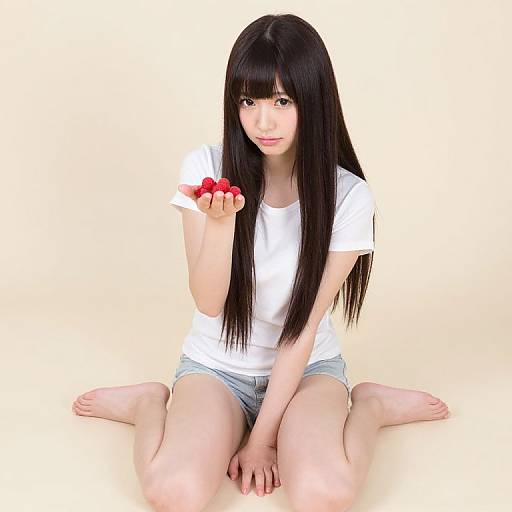 Digital illustration of an East Asian woman with long black hair, wearing a white t-shirt and denim shorts, sitting cross-legged, holding a red strawberry.