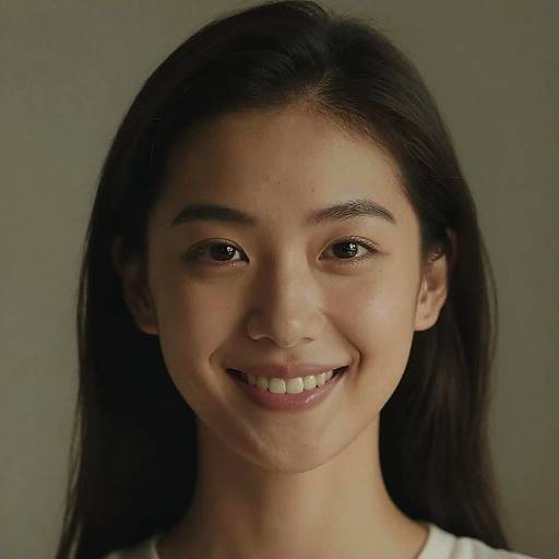 Photograph of a smiling young Asian woman with long black hair, light brown skin, and dark eyes, against a plain gray background.