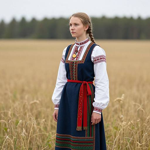 Photograph of a young Caucasian woman with light brown hair in a braid, wearing a traditional embroidered black dress with red sash, white blouse,