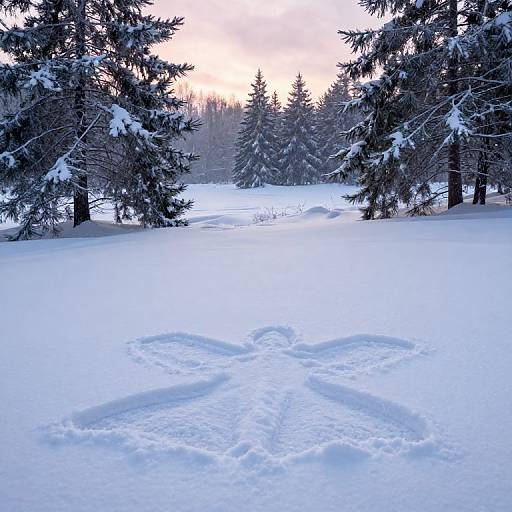 Photograph of a snowy forest at sunset, featuring snow-covered evergreen trees and a large, intricate snowflake footprint in the foreground.