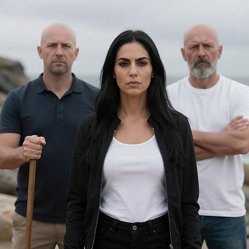 Photograph of a serious-looking woman with long black hair in a white top and black jacket, flanked by two older men in black and white shirts