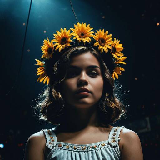 Young Woman with Sunflower Crown in Dramatic Lighting
