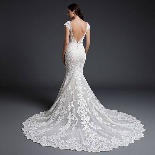 Photograph of a woman with long dark hair wearing an elegant, white lace mermaid-style wedding dress with a low back and trailing train, set against