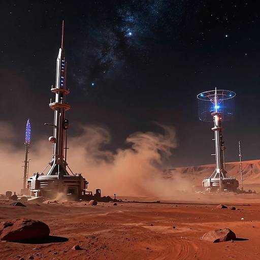 Photograph of a sci-fi landscape at night, featuring two futuristic, towering structures with lit antennas and a dusty, red desert floor under a starry