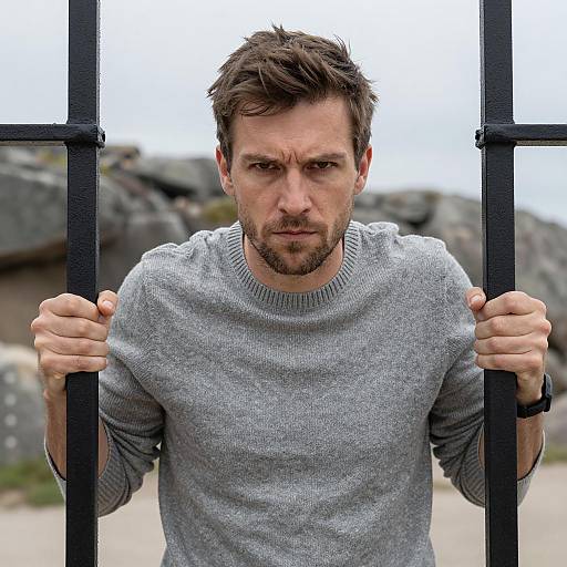 Man Gripping Black Iron Gate with Intense Expression
